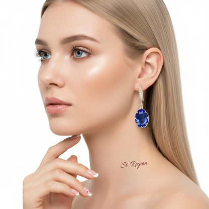 Blue Crystal and Cubic Zirconia Drop Earrings, drop earrings for women, dainty minimalist design, styled look