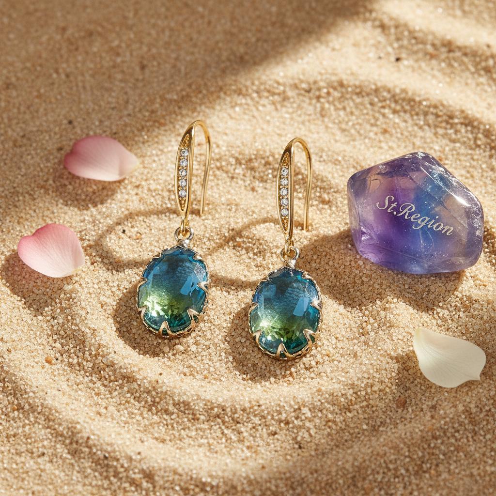 Green Ombré Oval Crystal and Cubic Zirconia Drop Earrings, drop earrings for women, detail close-up