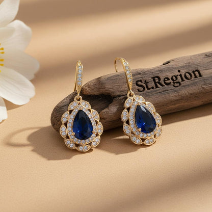Navy Crystal and Cubic Zirconia Openwork Teardrop Earrings, drop earrings for women, everyday style, front view