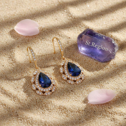 Navy Crystal and Cubic Zirconia Openwork Teardrop Earrings, drop earrings for women, everyday style, detail close-up