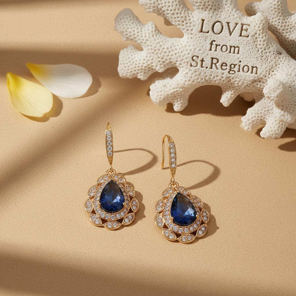 Navy Crystal and Cubic Zirconia Openwork Teardrop Earrings, drop earrings for women, everyday style, lifestyle look