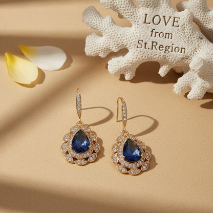 Navy Crystal and Cubic Zirconia Openwork Teardrop Earrings, drop earrings for women, everyday style, lifestyle look