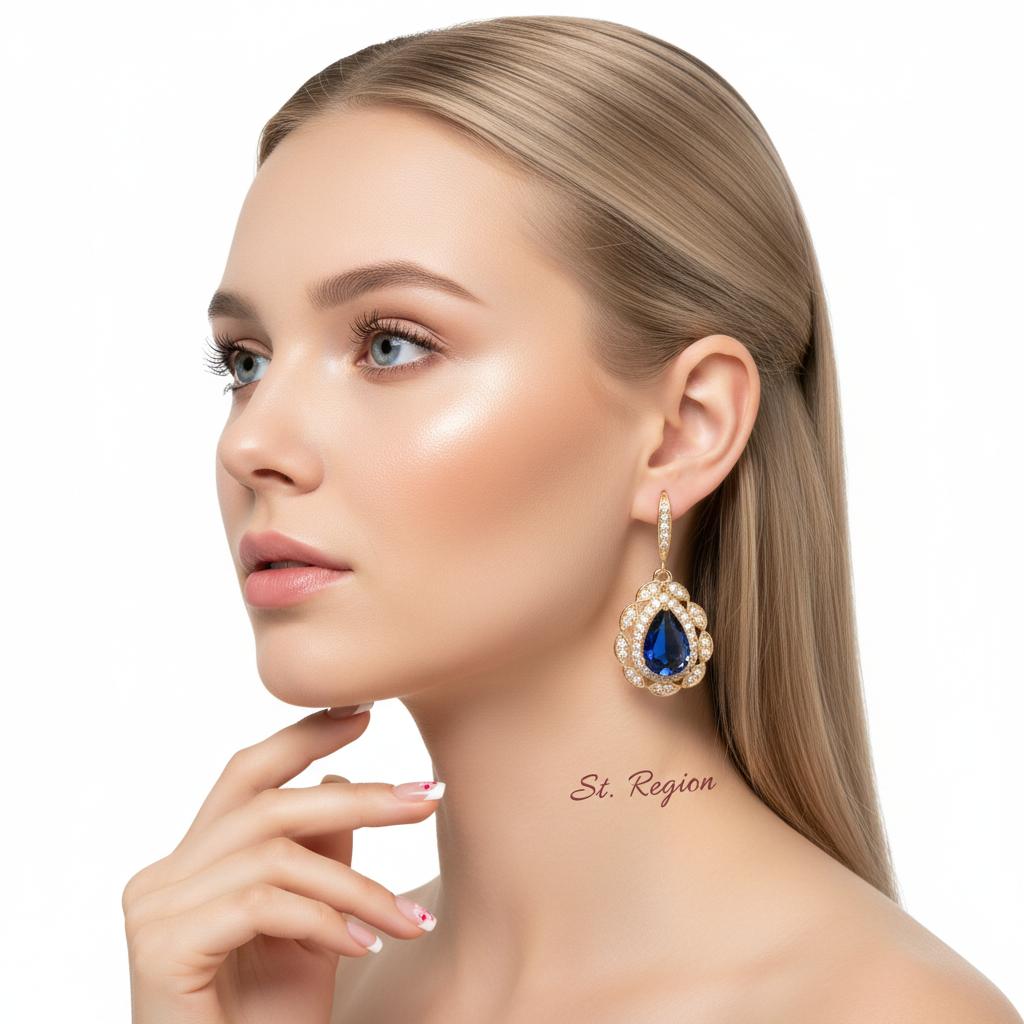 Navy Crystal and Cubic Zirconia Openwork Teardrop Earrings, drop earrings for women, everyday style, styled look