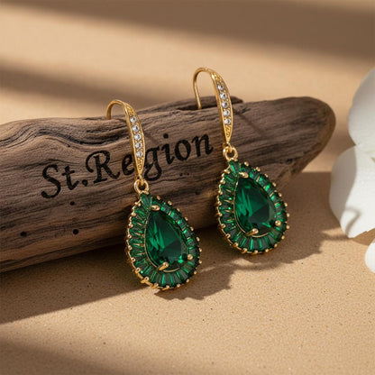Green Crystal and Cubic Zirconia Goldtone Halo Drop Hook Earrings, gold drop earrings for women, front view