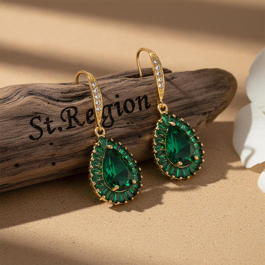 Green Crystal & Cubic Zirconia Goldtone Halo Drop Hook Earrings
