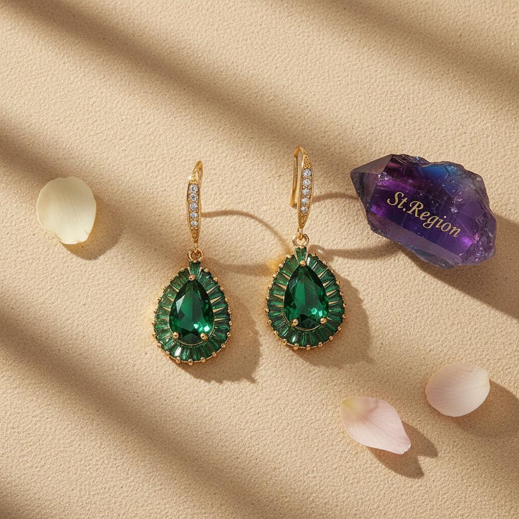 Green Crystal and Cubic Zirconia Goldtone Halo Drop Hook Earrings, gold drop earrings for women, detail close-up