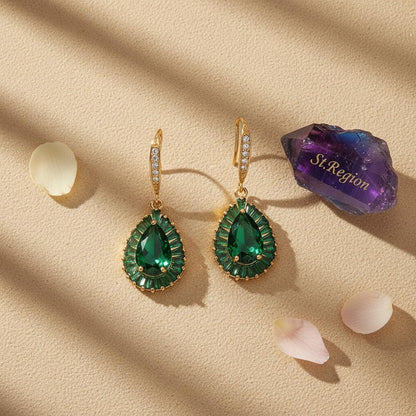 Green Crystal and Cubic Zirconia Goldtone Halo Drop Hook Earrings, gold drop earrings for women, detail close-up