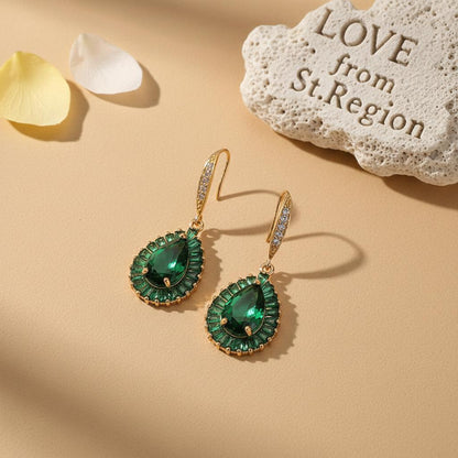 Green Crystal and Cubic Zirconia Goldtone Halo Drop Hook Earrings, gold drop earrings for women, lifestyle look
