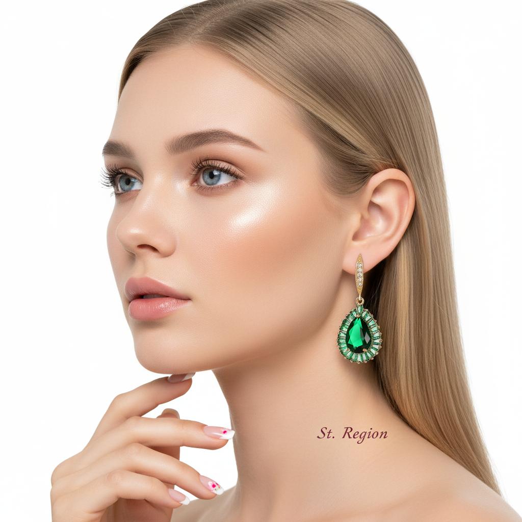 Green Crystal and Cubic Zirconia Goldtone Halo Drop Hook Earrings, gold drop earrings for women, styled look