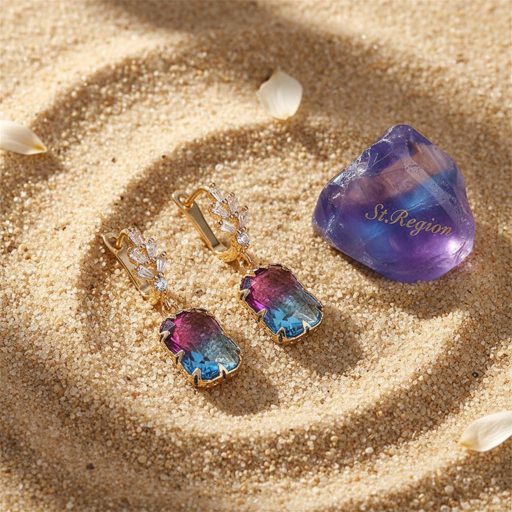 Radiant-Cut Crystal and 18K Gold-Plated Huggie Earring, gold huggie earrings, dainty minimalist design, detail close-up