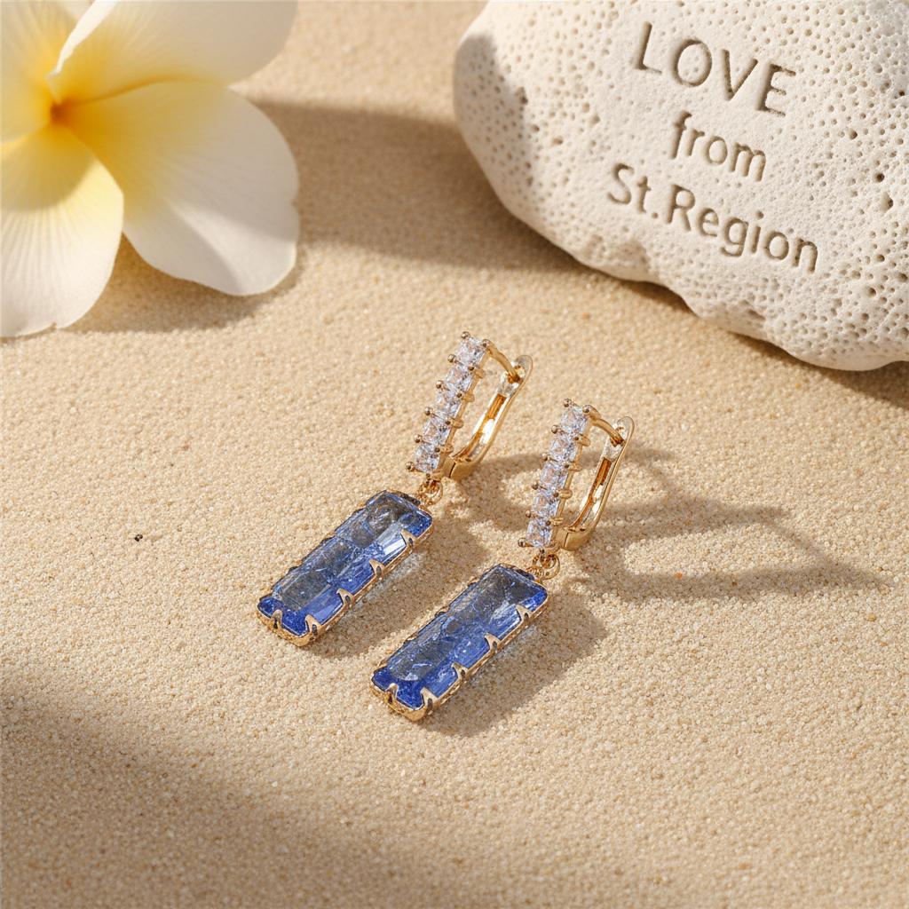 Light Blue Crystal and 18K Gold-Plated Baguette Huggie Earrings, gold huggie earrings, everyday style, lifestyle look