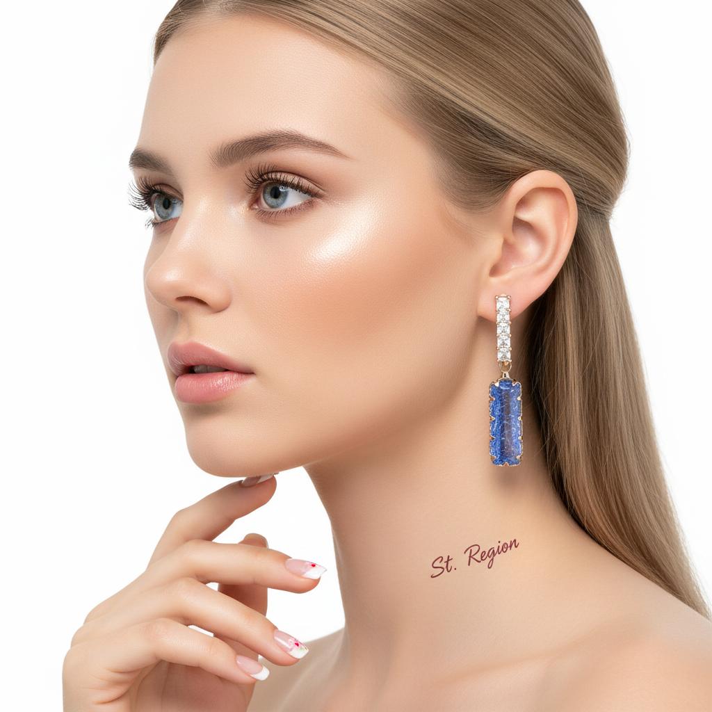 Light Blue Crystal and 18K Gold-Plated Baguette Huggie Earrings, gold huggie earrings, everyday style, styled look