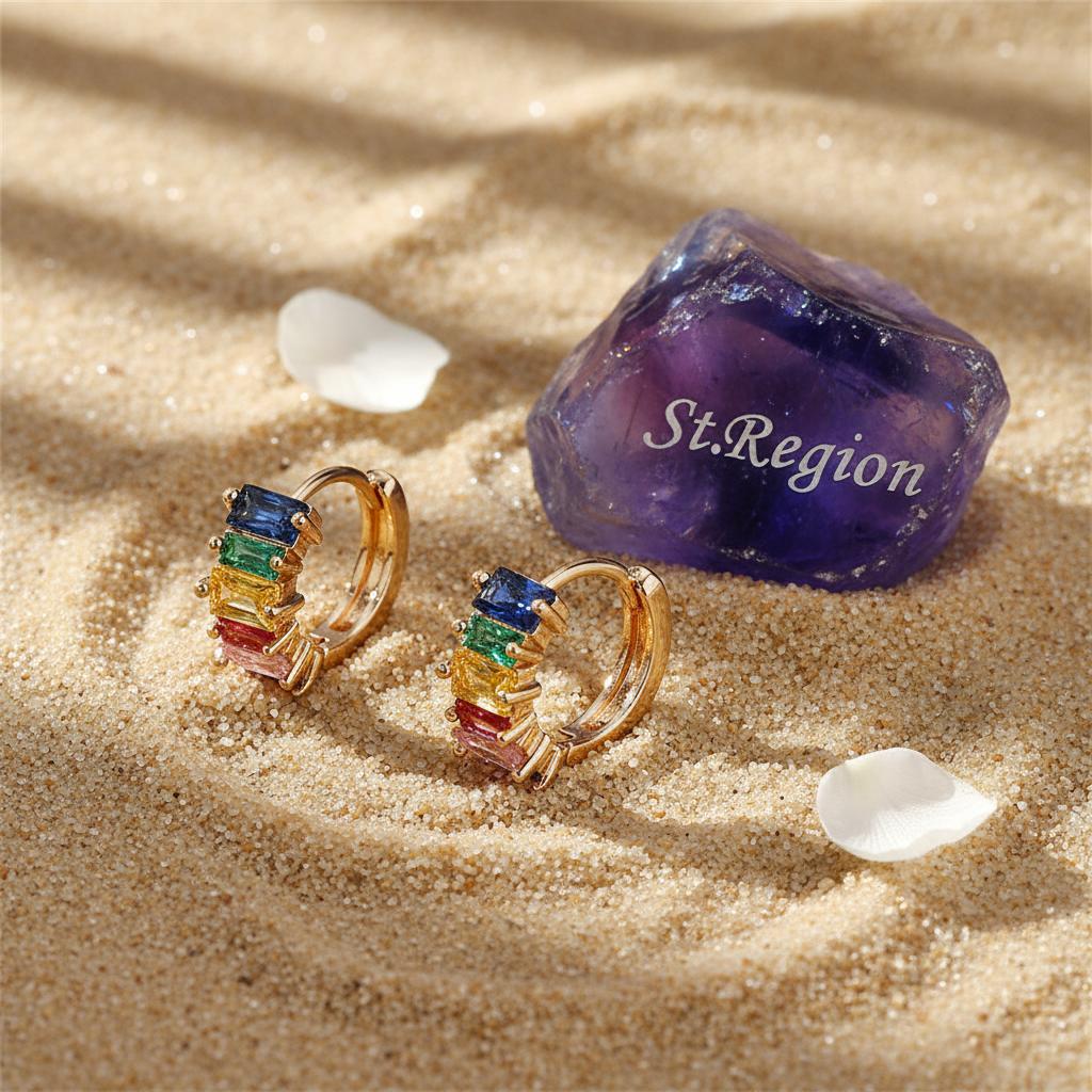 Green Multicolor Crystal and 18K Gold-Plated Huggie Earrings, gold huggie earrings, vintage-inspired design, detail close-up