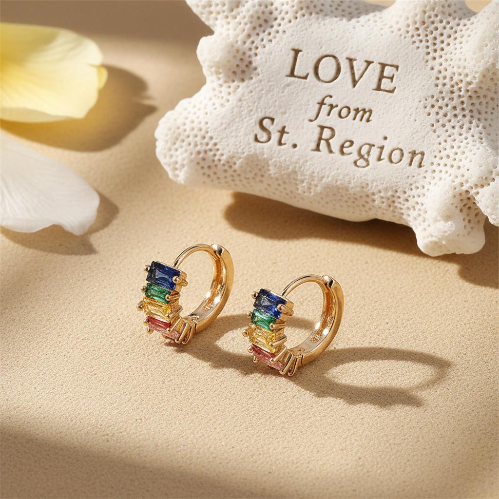 Green Multicolor Crystal and 18K Gold-Plated Huggie Earrings, gold huggie earrings, vintage-inspired design, lifestyle look