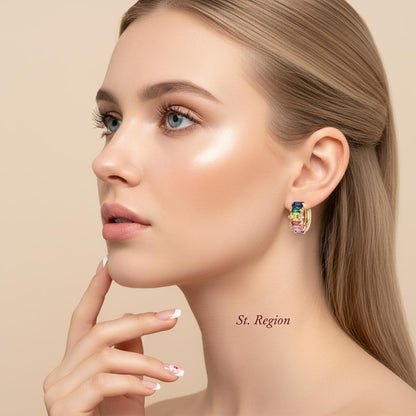 Green Multicolor Crystal and 18K Gold-Plated Huggie Earrings, gold huggie earrings, vintage-inspired design, styled look