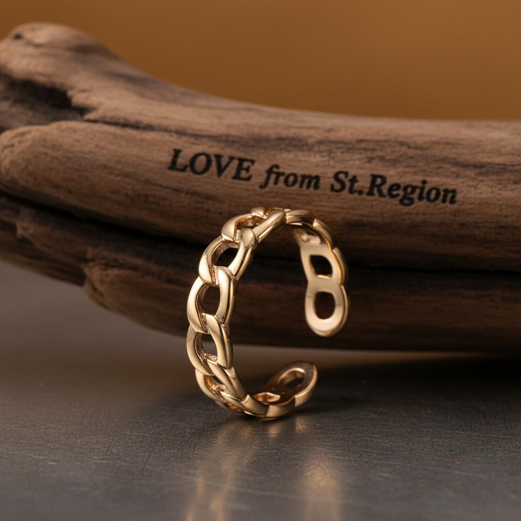 18K Gold-Plated Curb Chain Adjustable Ring, gold statement rings for women, botanical inspired, lifestyle look