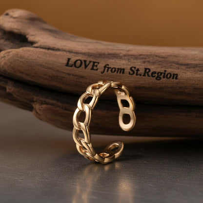 18K Gold-Plated Curb Chain Adjustable Ring, gold statement rings for women, botanical inspired, lifestyle look