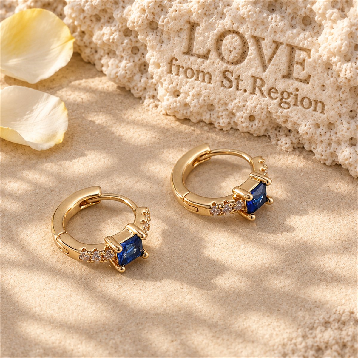 Blue Crystal and Cubic Zirconia 18K Gold-Plated Huggie Earrings, gold huggie earrings, lifestyle look