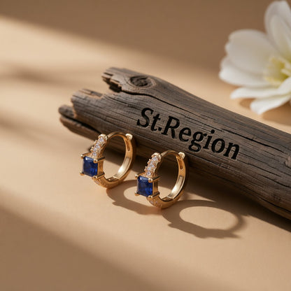 Blue Crystal and Cubic Zirconia 18K Gold-Plated Huggie Earrings, gold huggie earrings, vintage-inspired design, front view