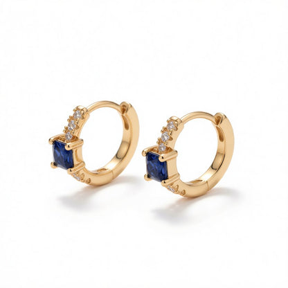 Blue Crystal and Cubic Zirconia 18K Gold-Plated Huggie Earrings, gold huggie earrings, vintage-inspired design, side view
