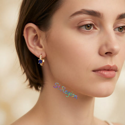 Blue Crystal and Cubic Zirconia 18K Gold-Plated Huggie Earrings, gold huggie earrings, vintage-inspired design, styled look