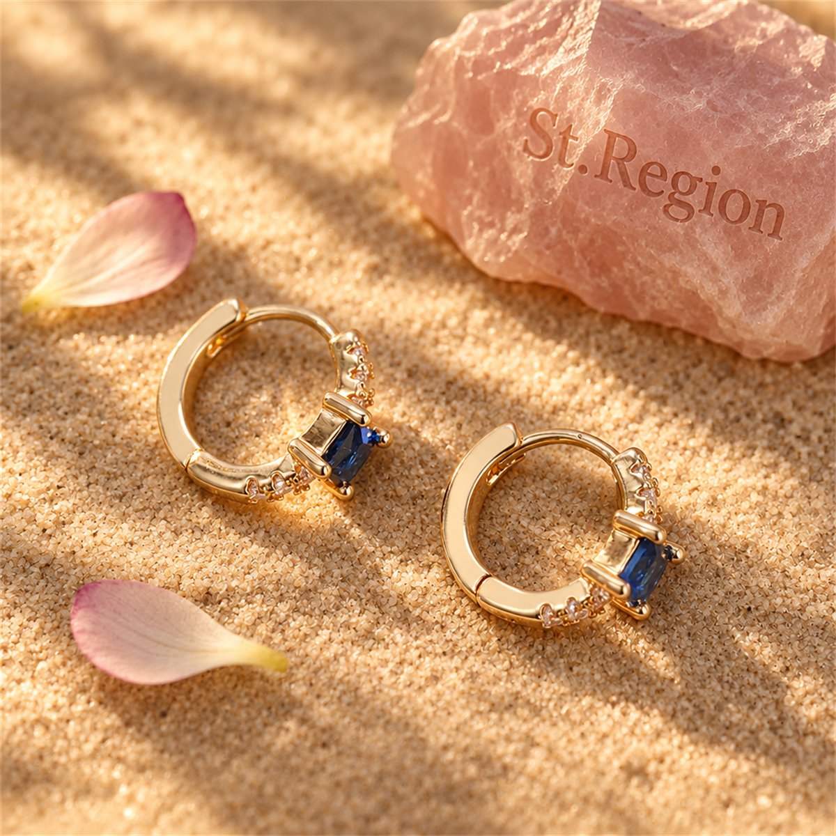 Blue Crystal and Cubic Zirconia 18K Gold-Plated Huggie Earrings, gold huggie earrings, detail close-up