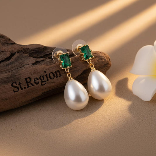 Green Crystal & Pearl 18K Gold-Plated Drop Earrings