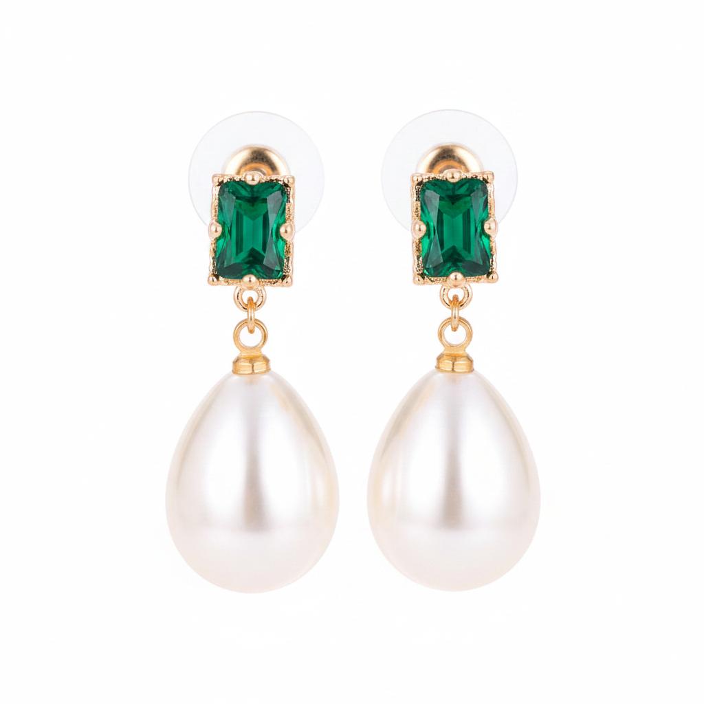 Green Crystal and Pearl 18K Gold-Plated Drop Earrings, gold drop earrings for women, vintage-inspired design, side view