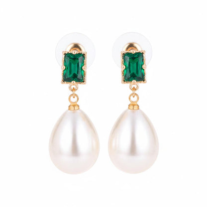 Green Crystal and Pearl 18K Gold-Plated Drop Earrings, gold drop earrings for women, vintage-inspired design, side view