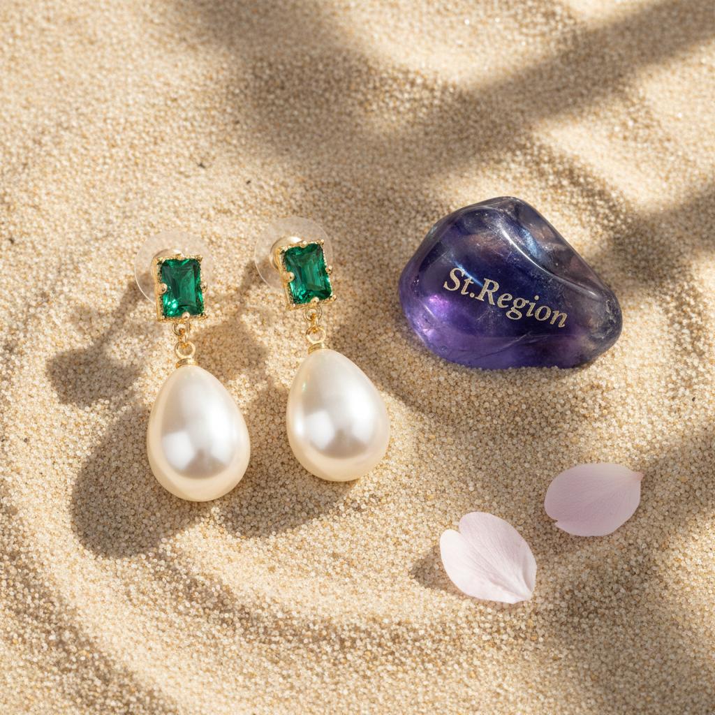 Green Crystal and Pearl 18K Gold-Plated Drop Earrings, gold drop earrings for women, vintage-inspired design, detail close-up