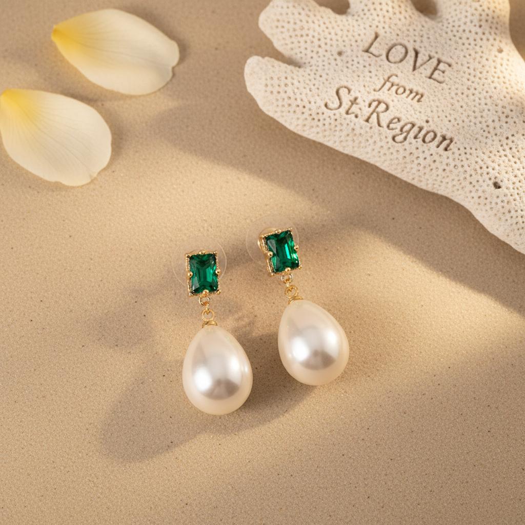 Green Crystal and Pearl 18K Gold-Plated Drop Earrings, gold drop earrings for women, vintage-inspired design, lifestyle look