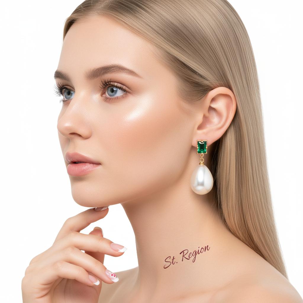 Green Crystal and Pearl 18K Gold-Plated Drop Earrings, gold drop earrings for women, vintage-inspired design, styled look