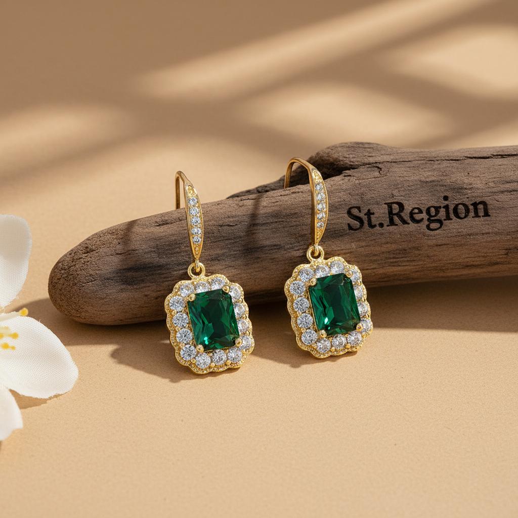 Green Crystal and Cubic Zirconia Rectangle Drop Earrings, drop earrings for women, botanical inspired, front view