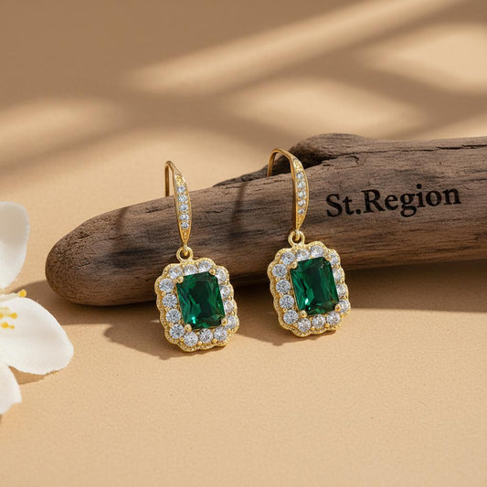 Green Crystal & Cubic Zirconia Rectangle Drop Earrings