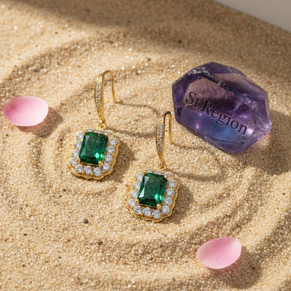 Green Crystal and Cubic Zirconia Rectangle Drop Earrings, drop earrings for women, botanical inspired, detail close-up