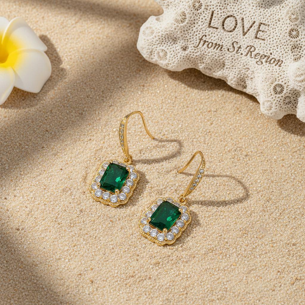 Green Crystal and Cubic Zirconia Rectangle Drop Earrings, drop earrings for women, botanical inspired, lifestyle look