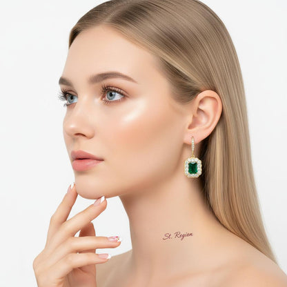 Green Crystal and Cubic Zirconia Rectangle Drop Earrings, drop earrings for women, botanical inspired, styled look