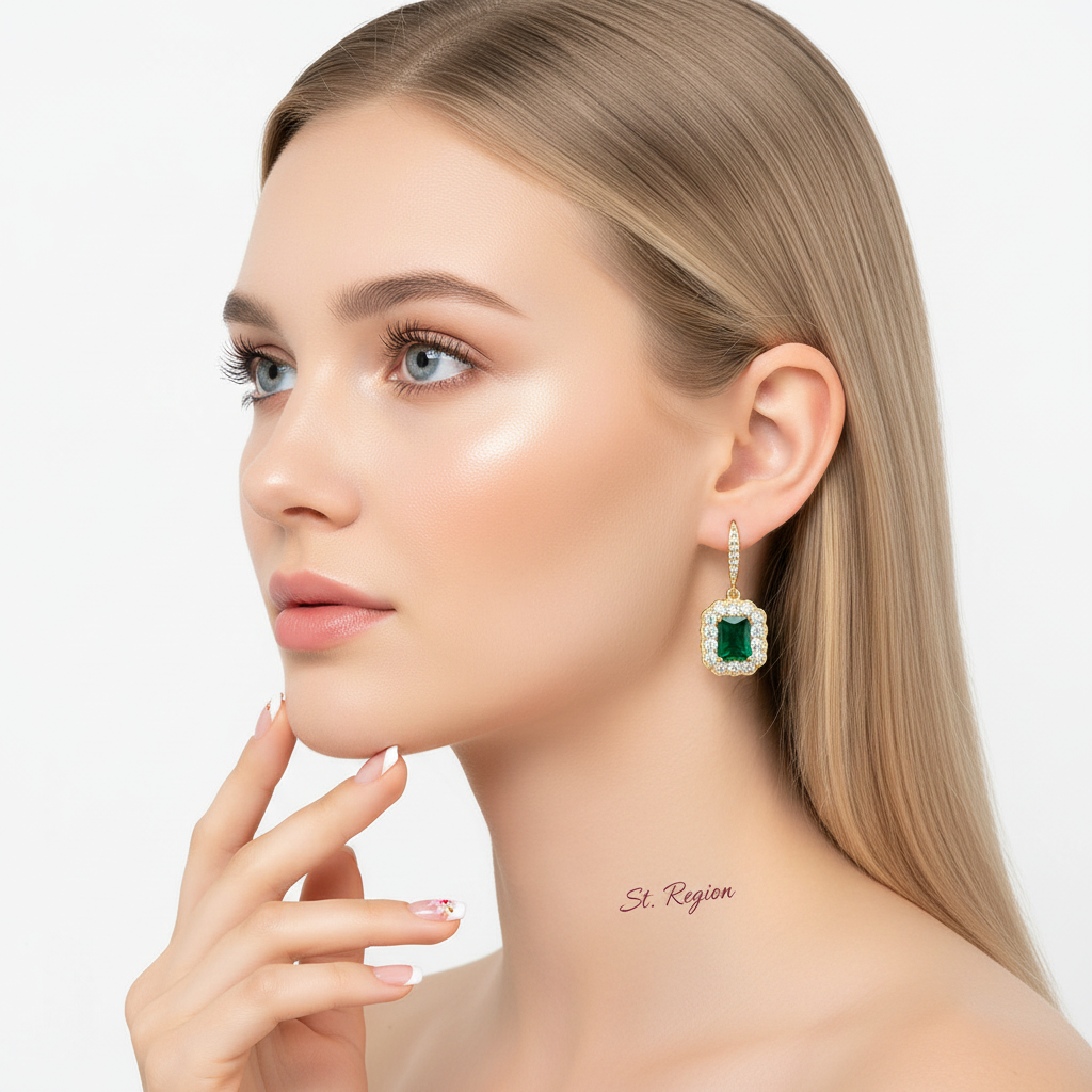 Green Crystal & Cubic Zirconia Rectangle Drop Earrings - Street Region