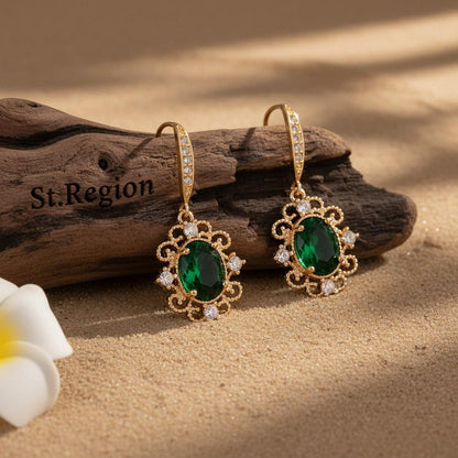 Green Crystal and Cubic Zirconia Goldtone Oval-Cut Flower Hook Earrings, gold drop earrings for women, front view