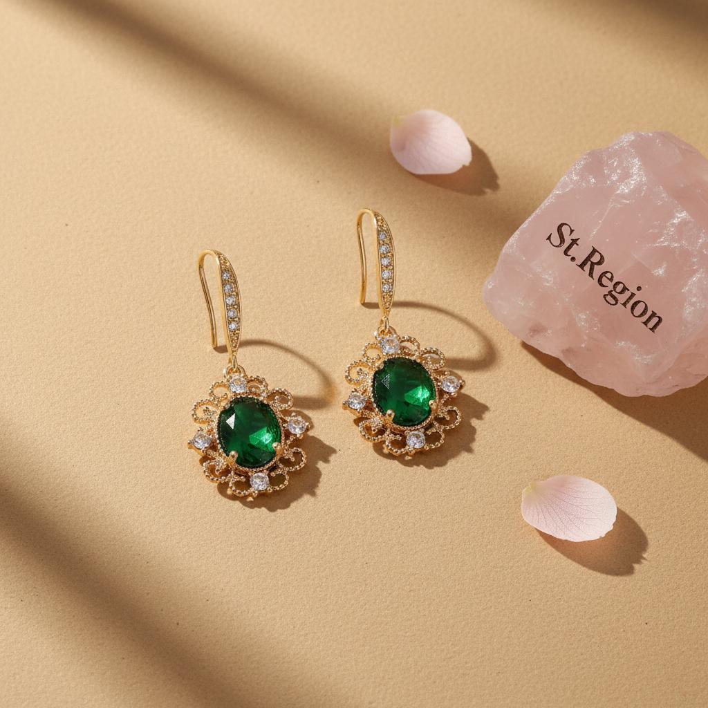 Green Crystal and Cubic Zirconia Goldtone Oval-Cut Flower Hook Earrings, gold drop earrings for women, detail close-up