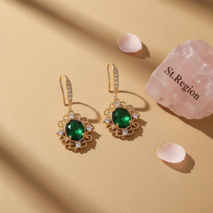 Green Crystal and Cubic Zirconia Goldtone Oval-Cut Flower Hook Earrings, gold drop earrings for women, detail close-up