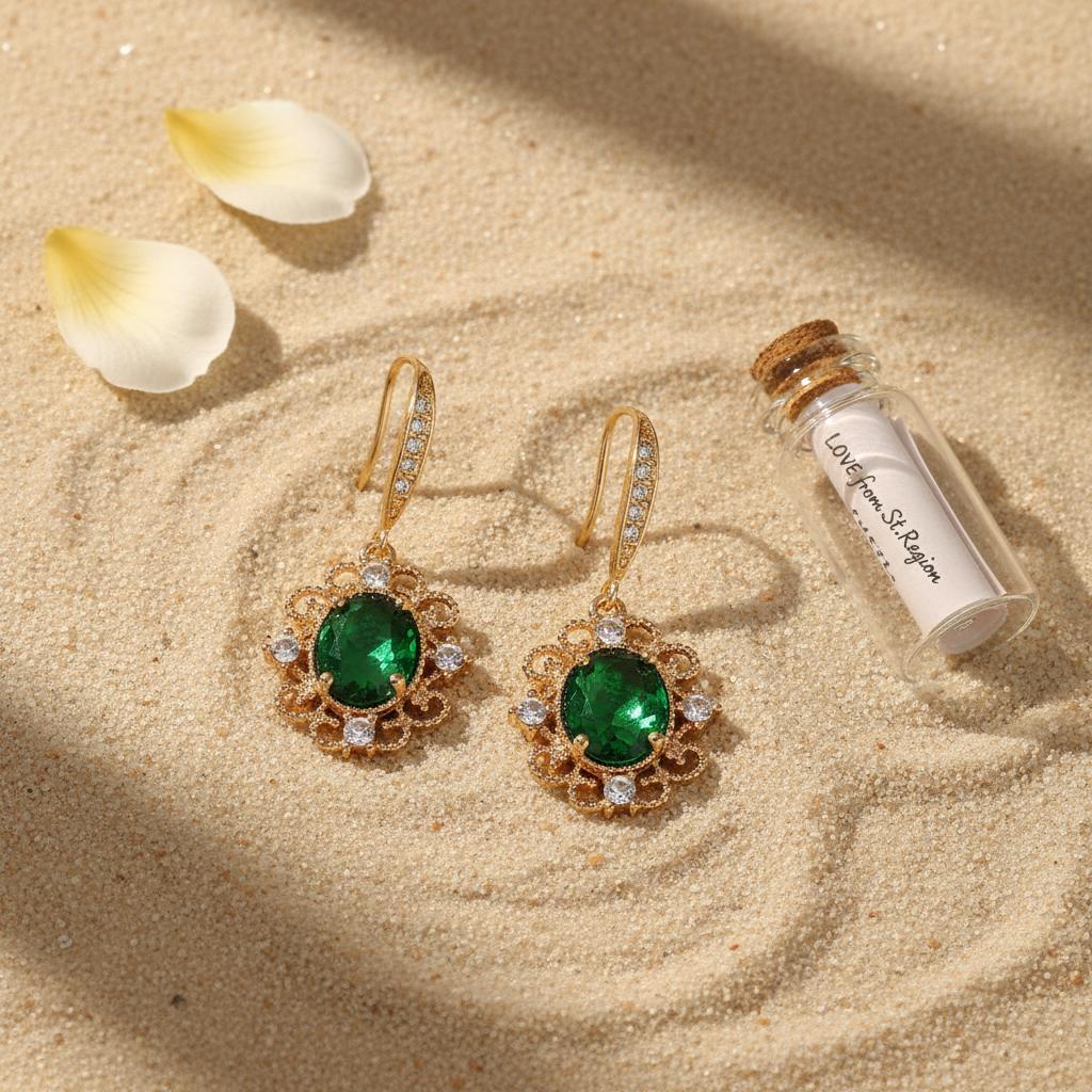 Green Crystal and Cubic Zirconia Goldtone Oval-Cut Flower Hook Earrings, gold drop earrings for women, lifestyle look