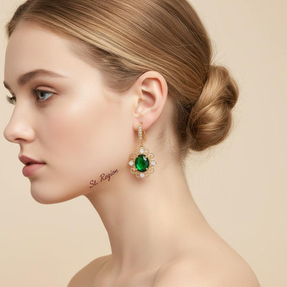 Green Crystal and Cubic Zirconia Goldtone Oval-Cut Flower Hook Earrings, gold drop earrings for women, styled look