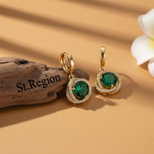 Green Crystal & Cubic Zirconia 18K Gold-Plated Halo Round Huggie Earrings