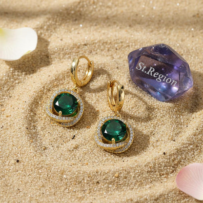 Green Crystal and Cubic Zirconia 18K Gold-Plated Halo Round Huggie Earrings, gold huggie earrings, detail close-up