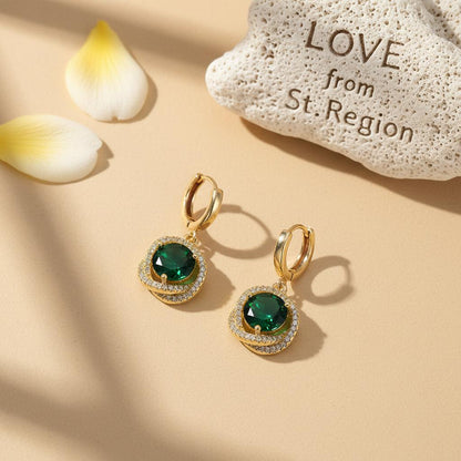Green Crystal and Cubic Zirconia 18K Gold-Plated Halo Round Huggie Earrings, gold huggie earrings, lifestyle look