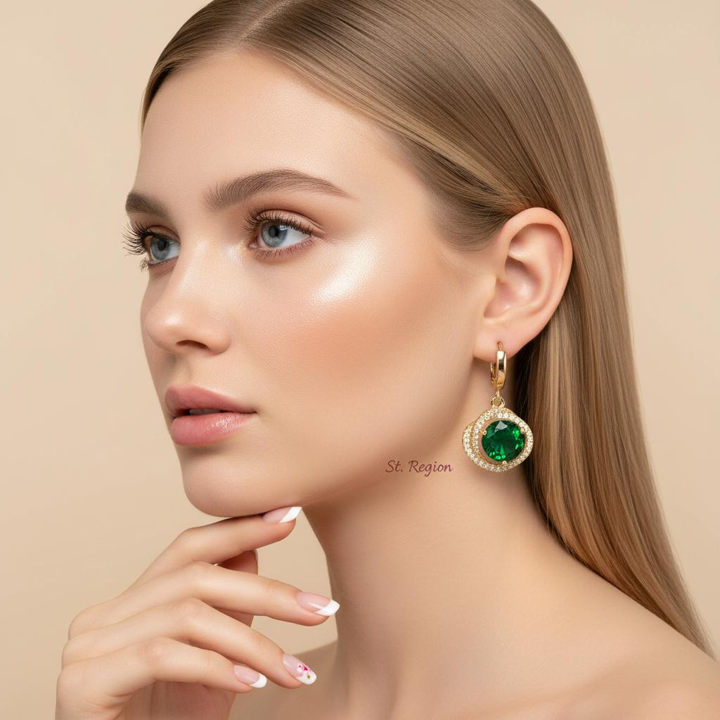 Green Crystal and Cubic Zirconia 18K Gold-Plated Halo Round Huggie Earrings, gold huggie earrings, styled look