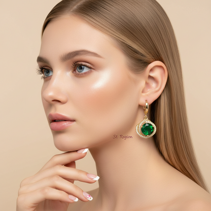 Green Crystal & Cubic Zirconia 18K Gold-Plated Halo Round Huggie Earrings - Street Region