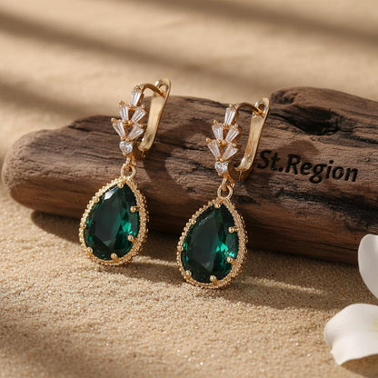 Green Crystal and Cubic Zirconia Drop Huggie Earring, huggie earrings, elegant gift for her, front view