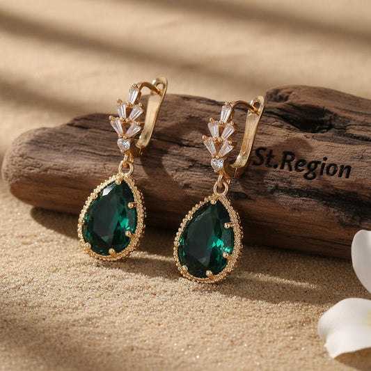 Green Crystal & Cubic Zirconia Drop Huggie Earring
